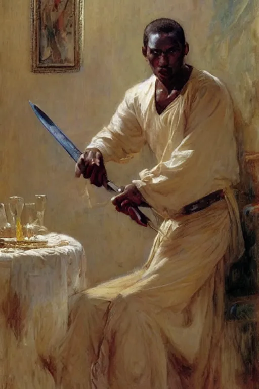 Image similar to a thirty year contract killer in all white. he is a sophisticated from africa. he is holding a knife. art by gaston bussiere.