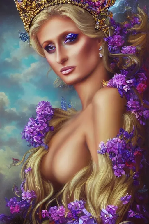 Prompt: closeup portrait fine art photo of the beauty paris hilton, she has a crown of stunning flowers and dress of purple satin and gemstones, background full of stormy clouds, by peter mohrbacher