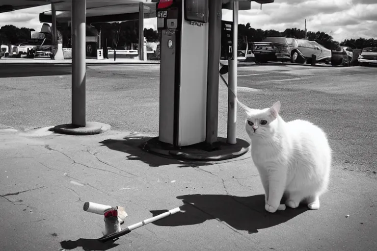 Image similar to cat smoking a cigarette in the gas station wide angle lens