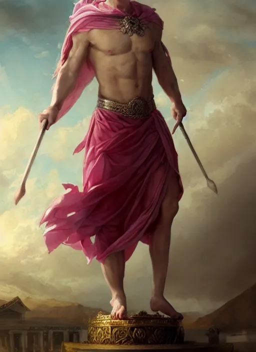 Image similar to vladimir putin as a magnificent beautiful greek god in a crown and pink balerrina skirt by greg rutkowski