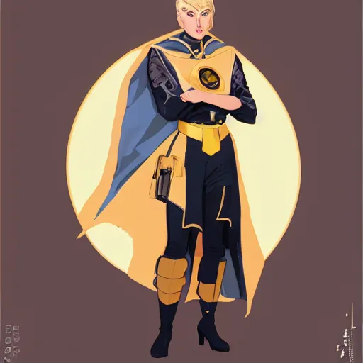 Prompt: character concept art, stoic heroic emotionless square-jawed butch blonde handsome tattooed woman engineer, wearing white and gold satin uniform with gold cape, wearing boots, atompunk, science fiction, in the Style of Artgerm and Charlie Bowater and Atey Ghailan and Mike Mignola, rough paper, vibrant colors and hard shadows and strong rim light, Comic Cover Art, plain background, trending on artstation