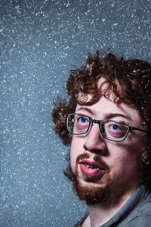 Prompt: portrait of Sam Hyde, in the style of Studio Ghibli, sigma male, rule of thirds, award winning photo, highly detailed features, raining, ethereal lighting, bizarre house