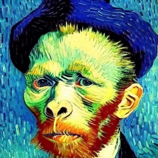 Image similar to van gogh painting of a baby chimpanzee wearing a top hat, 4 k, hyper realistic, dslr, high resolution, landscape, beautiful