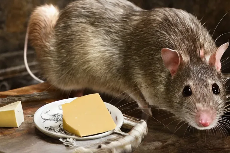 Image similar to photo, emma watson as anthropomorphic furry - rat inside animal body, huge rats around, eating cheese, highly detailed, intricate details