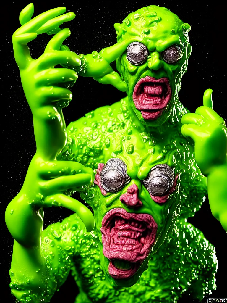 Image similar to hyperrealistic rendering, shiny wet toxic avenger by art of skinner and richard corben and jeff easley, product photography, action figure, sofubi, studio lighting, colored gels, rimlight, backlight