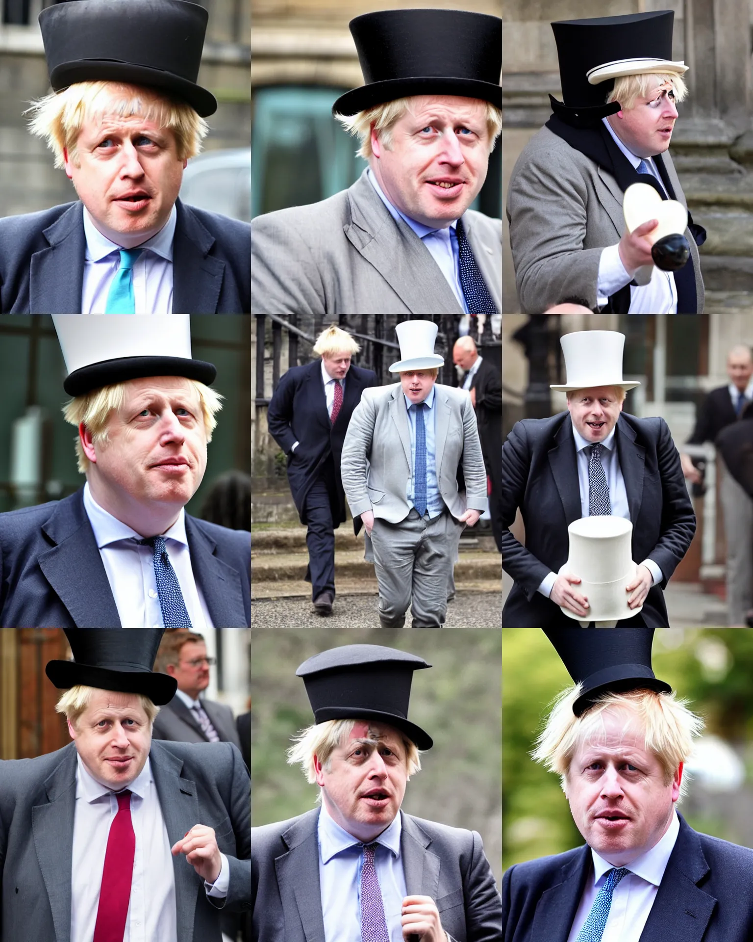 Prompt: boris johnson wearing a comically large top hat