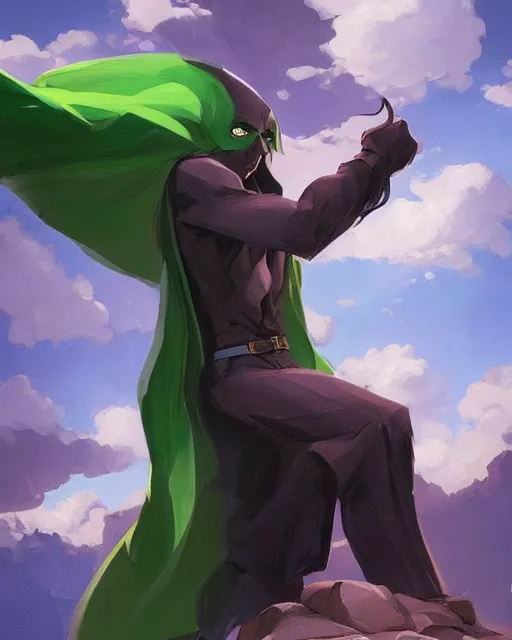 Image similar to a handsome man with dark medium long hair in curtain, he wears a green cape with hood off, game design fanart by concept artist gervasio canda, behance hd by jesper ejsing, by rhads, makoto shinkai and lois van baarle, ilya kuvshinov