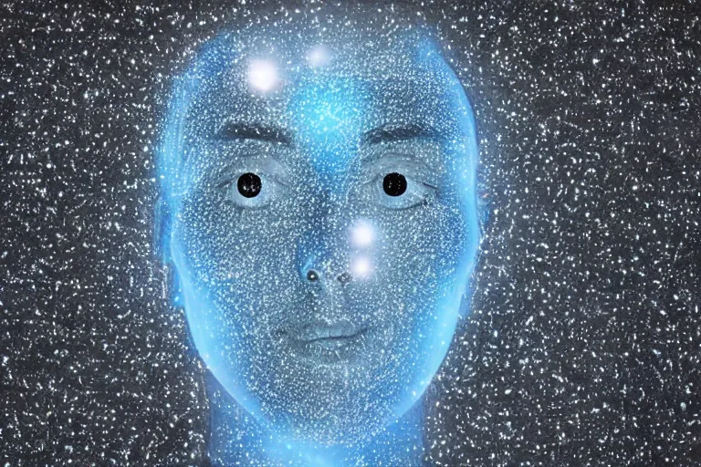 Image similar to floating particles that form the shape of a human face