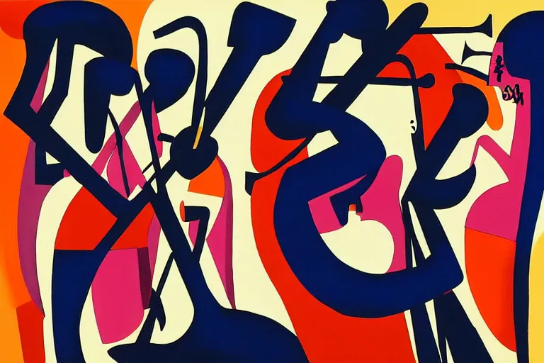 Image similar to 3 jazz musicians, head and shoulders playing with musical notes as abstract art in the style of Stuart Davis, texture, matte illustration