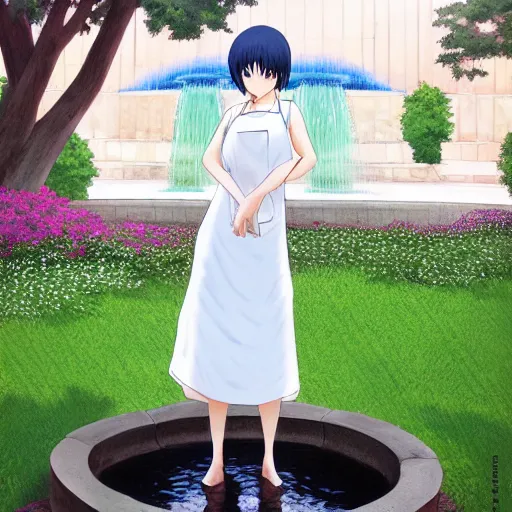 Prompt: a full body portrait of a young woman wearing a white apron standing in front of a fountain in a park, makoto shinkai, very detailed, by William-Adolphe