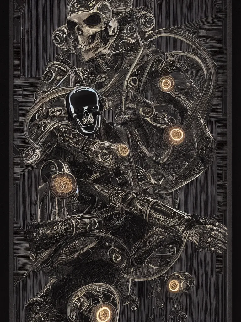 Prompt: the death tarot card as an I Robot, black paper with ornate border frame, by mario feng, ray tracing, master shot, octane render, 8k, ultra hd, perfect light