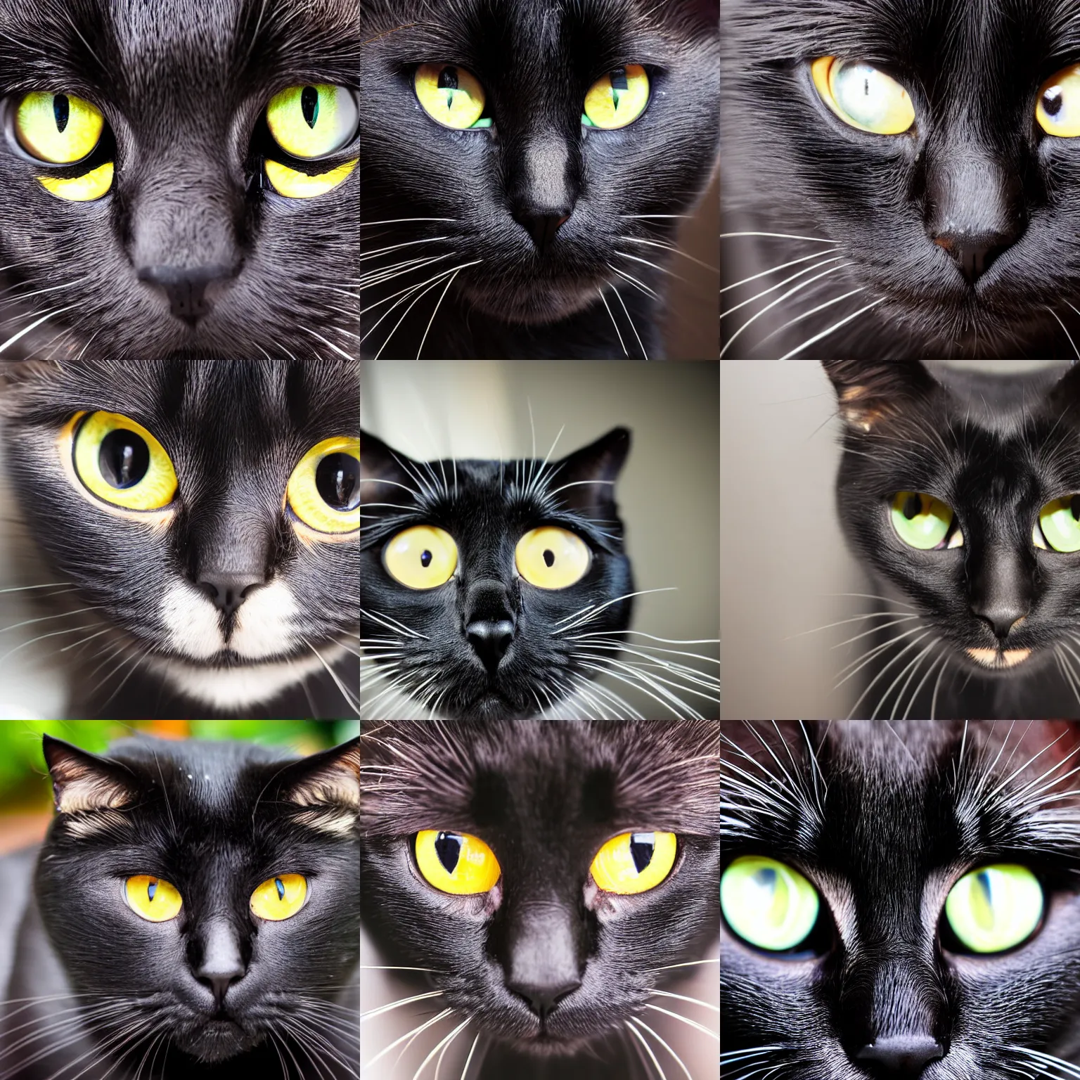 Prompt: black cat with wide eyes, fisheye lens, extreme close up