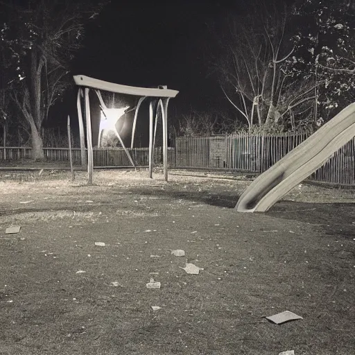 Image similar to an eerie photo of an abandoned children's playground from the 1 9 9 0 s at night, disposable film