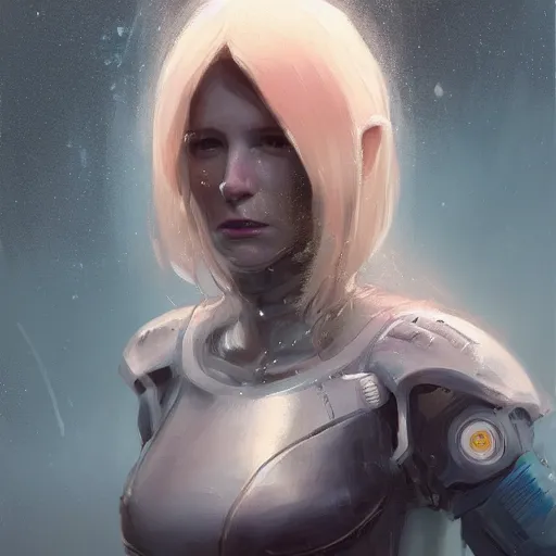 Image similar to portrait of a woman by greg rutkowski, she is about 3 0 years old, pretty, blond hair with two strans around her face, crying, helplessness and denial, she is wearing a futuristic space gear, highly detailed portrait, digital painting, artstation, concept art, smooth, sharp foccus ilustration, artstation hq.