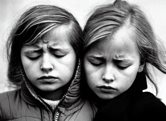 Prompt: high resolution black and white portrait with a 5 0 mm f / 1. 4 lens of russian children with their eyes closed in grief in 1 9 8 4.