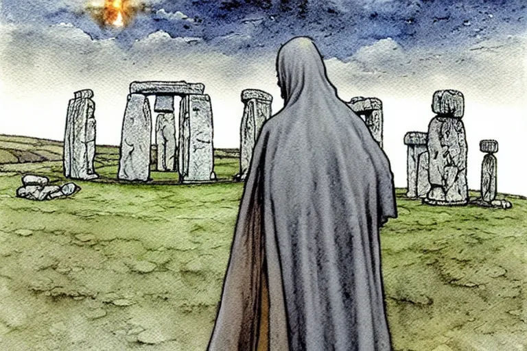 Prompt: a realistic and atmospheric watercolour fantasy concept art of one dirty medieval monk in grey robes pointing up at a ufo in the sky above stonehenge. muted colors. by rebecca guay, michael kaluta, charles vess and jean moebius giraud