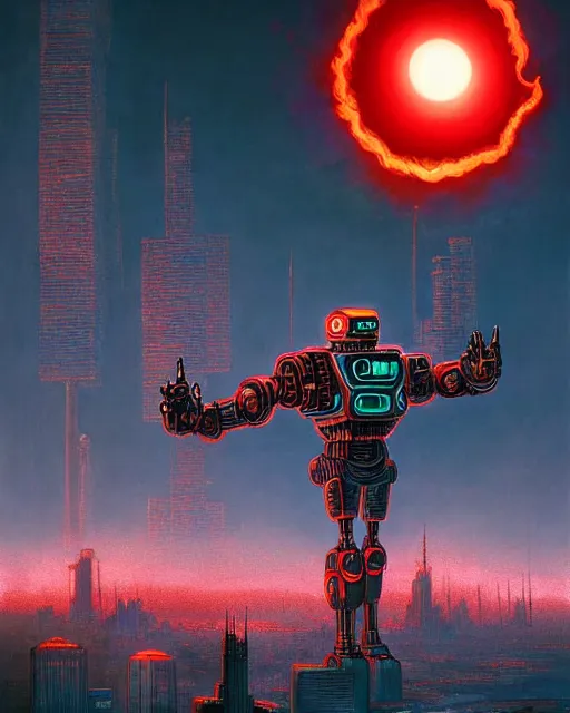 Prompt: giant robot with ominously glowing red eyes stands on top of city that is on fire, concept art, intricate details, highly detailed, in the style of rodger dean, moebius, michael whelan, pascal blanche