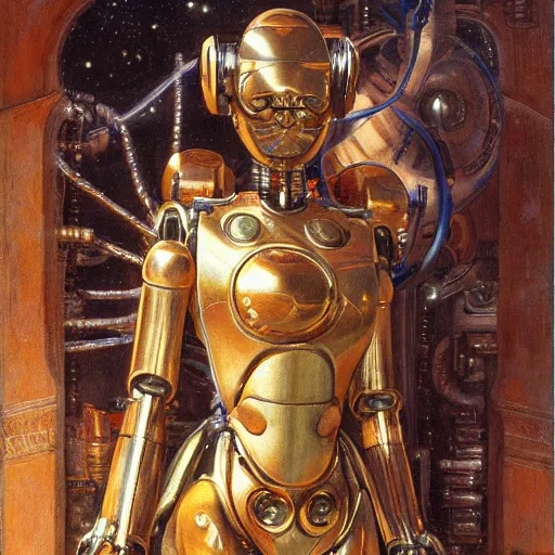 Image similar to highly detailed portrait of an humanoid robotic alien mecha, painting by gaston bussiere, craig mullins, j. c. leyendecker, lights, art by ernst haeckel, john william godward, hammershøi,