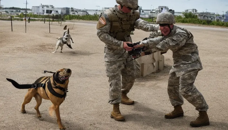 Image similar to a soldier sends a dog to attack a cyborg