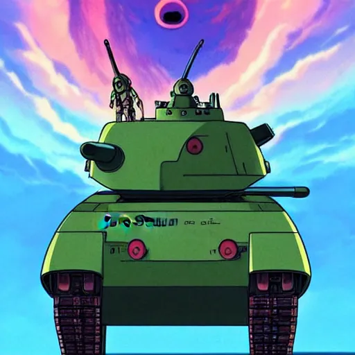 Image similar to a beautiful movie still in the style of Studio Ghibli anime showing a tank fighting an Alien from Aliens (1986). Studio Ghibli, trending on artstation, trending on behance