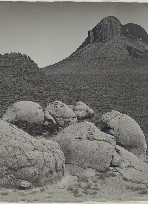 Prompt: View of a gigantic Tepuy in grassy desert, with boulders and lush desert vegetation at the bottom of it, albumen silver print, Smithsonian American Art Museum