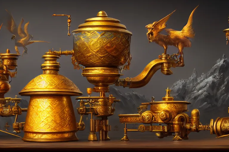 Image similar to a very detailed concept art of fantasy art nuevo samovar, trending on artstation, digital art, 4 k, hyper realistic, octane render, sharp focus