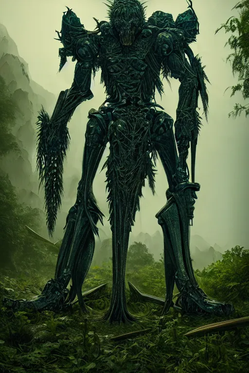 Image similar to neo - gothic giant muscular humanoid chimera, exoskeleton armor, holding katana, dystopian ruins covered in vegetation, highly detailed smooth concept art masterpiece, vitaly bulgarov giger dramatic dark teal light, ground angle hd 8 k, sharp focus