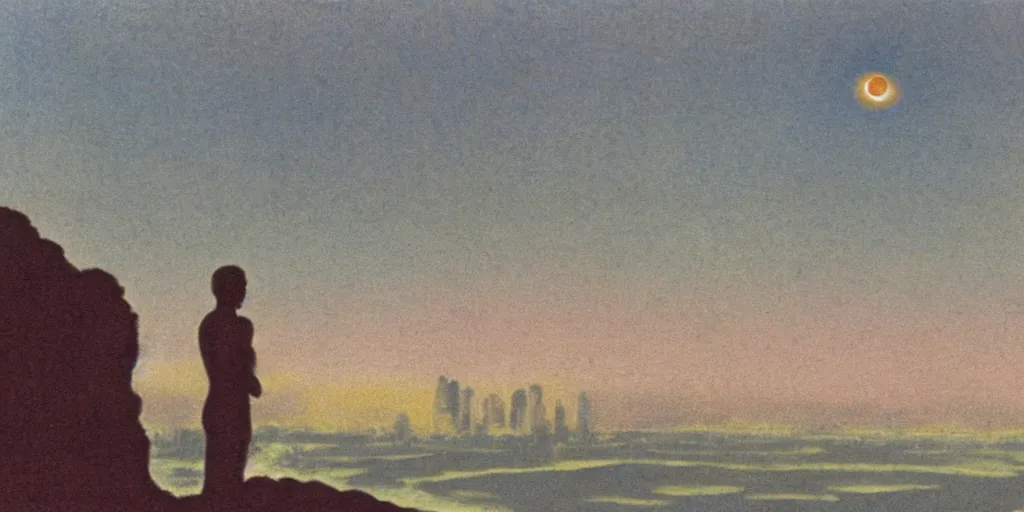 Prompt: grainy vintage 70s autochrome painting of a solar eclipse in the sky. the city of ancient babylon below in the distance. the city is on fire. full-body silhouette of a single observer in the foreground. the figure is an ancient Hellenistic athletic man in soft focus with hazy outlines. the scene is painted with thick impasto paint. chromatic aberration