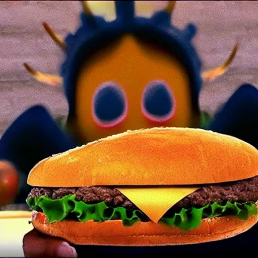 Image similar to grainy screenshot from a video of a demon eating a burger