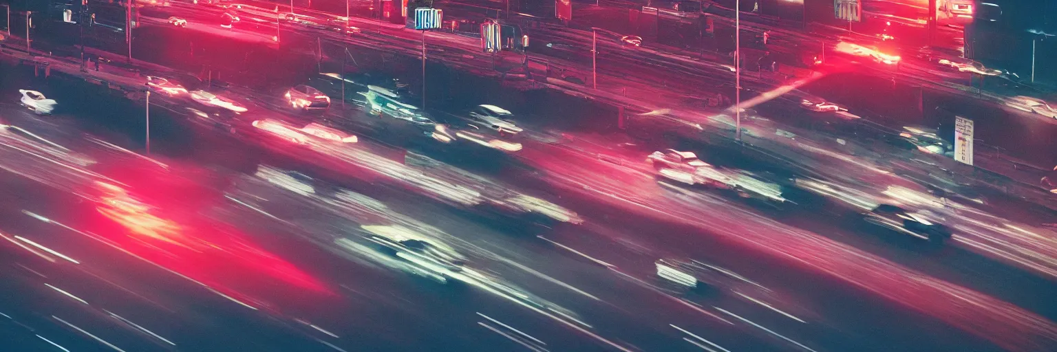 Prompt: 8 0 s neon movie still, high speed car chase on the highway with city in background, slow shutter speed, medium format color photography, movie directed by kar wai wong, hyperrealistic, photorealistic, high definition, highly detailed, tehnicolor, anamorphic lens