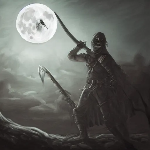 Image similar to hero holding a sword facing an army of the undead, scenic view, dark atmosphere, full moon, moonlight, dynamic lighting, pencil art