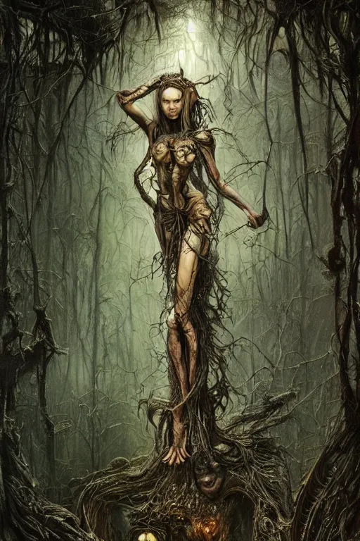 Prompt: life and death mixing in a corrupted forest, demonic faces, fireflies, hyperdetailed, 4 k, trending on artstation, dark and gloomy, demonic, cinematic, artgerm, h. r. giger, francis bacon, gustave moreau, luis royo