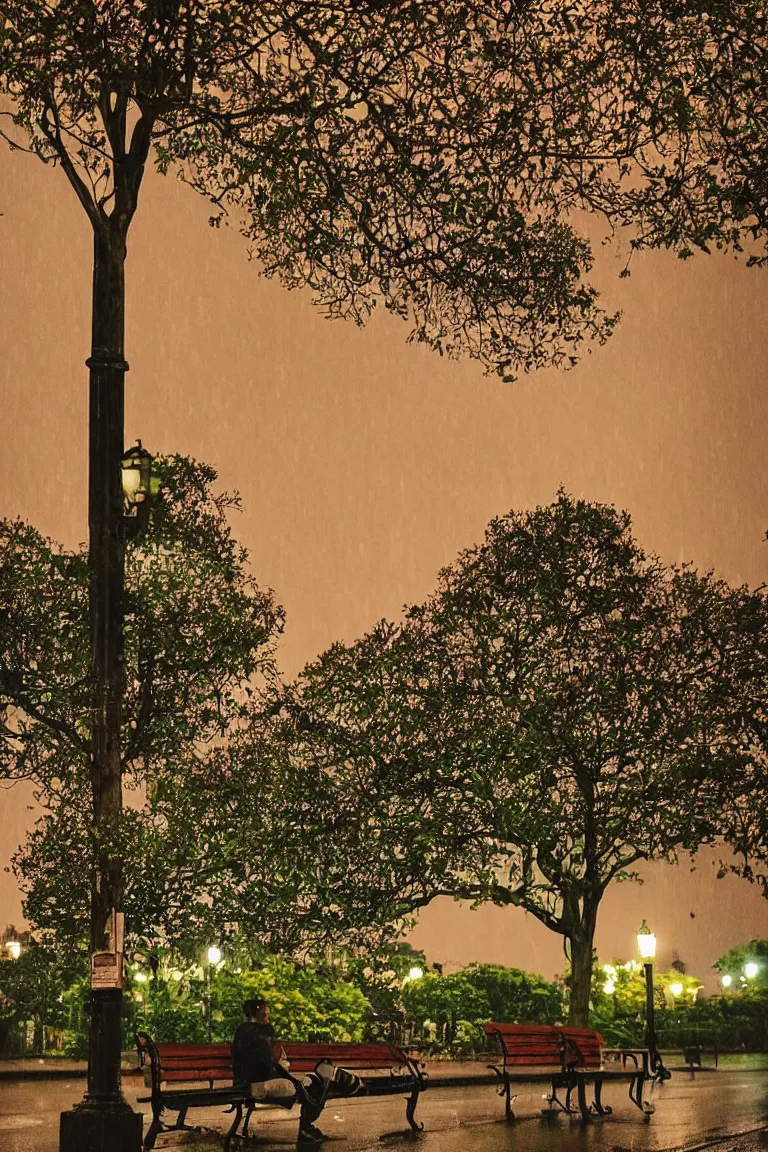 Prompt: flowering bush in the shape of a man, sitting on a bench alone light rain, twilight, single luminous street lamp beautiful architecture moments before abandonment Waiting for a date that never comes on a bench in the rain perspective high quality details emphasize diagonals trees canopy emphasize diagonals with tree branches and bench Waiting for a date that never comes on a bench in the rain single flowering bush in the shape of a man, sitting on a bench alone single flowering bush in the shape of an single individual man sitting on a bench alone at twilight autumn, yellow leaves, canopy in background focus on umbrella signed painting in the art style of Victor Nizovtsev and Thomas Cole