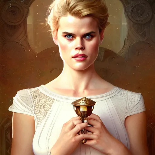 Prompt: beautiful striking Alice Eve , intricate, elegant, highly detailed, digital painting, artstation, concept art, smooth, sharp focus, illustration, art by artgerm and greg rutkowski and alphonse mucha and loish and WLOP