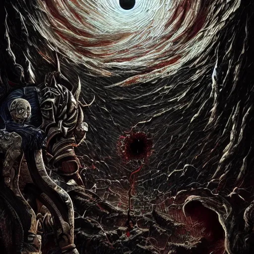 Image similar to the meaning of life, solar eclipse, chaos, night, rot, blood, epic art, dark souls, highly detailed and intricate, trending on artstation