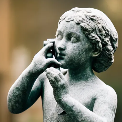 Prompt: a stone statue of a girl playing with a stone phone, 5 0 mm lens, f 1. 4, sharp focus, ethereal, emotionally evoking, head in focus, volumetric lighting, 8 k