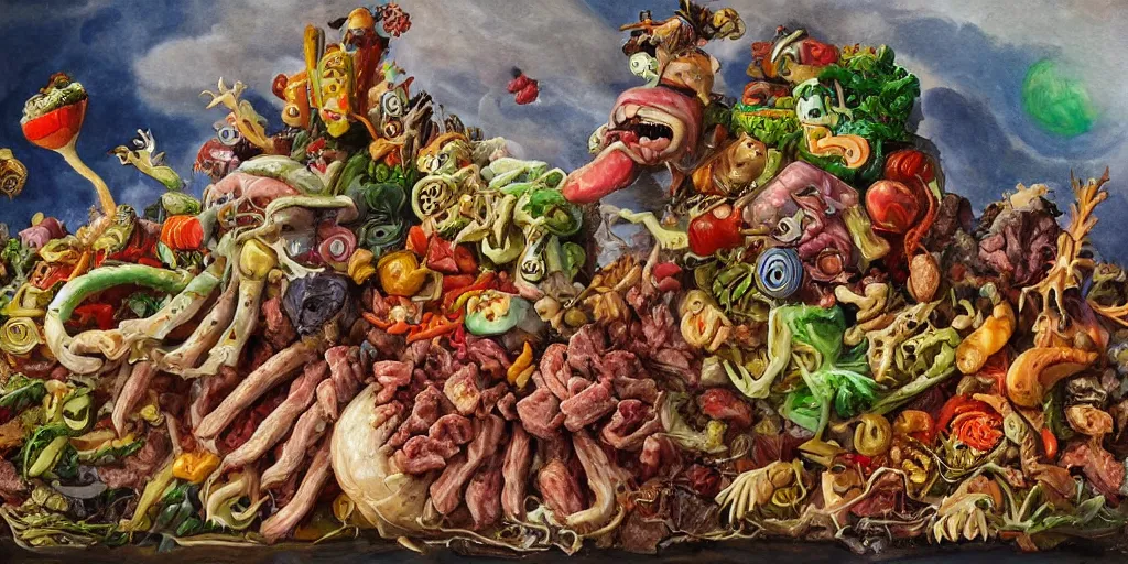 Image similar to a high detailed painting of a monster made of meat, chicken and junk food fighting a monster made of vegetables and fruits, surrealism, magic realism bizarre art