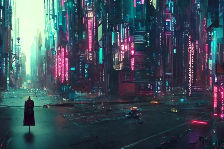 Image similar to VFX movie portrait of daily life in a futuristic itopian cyberpunk interstellar lush city of abundance Emmanuel Lubezki