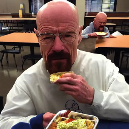 Prompt: Walter White with down syndrome eating lunch alone in the cafeteria