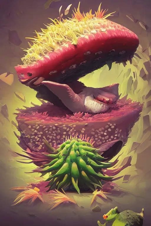 Image similar to 3 d render creature animal sushi cristal very big eye roots cactus elemental flush of force nature micro world fluo fishscale, comics gta 5 cover, official fanart behance hd artstation by jesper ejsing, by rhads, makoto shinkai and lois van baarle, ilya kuvshinov, ossdraws