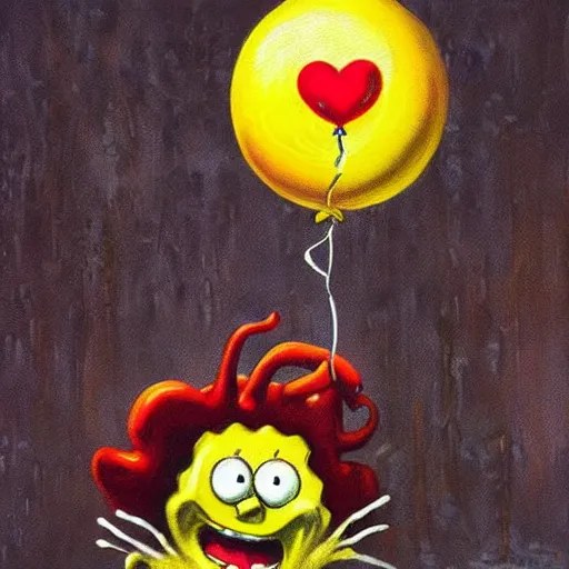 Image similar to grunge painting of spongebob with a wide smile and a red balloon by chris leib, loony toons style, pennywise style, corpse bride style, horror theme, detailed, elegant, intricate