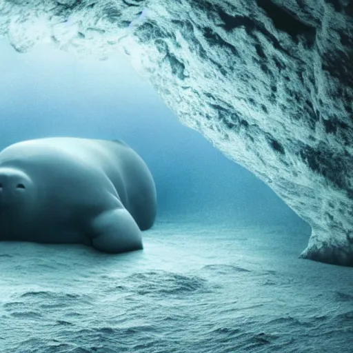 Image similar to An award winning photo of a Ningen resting in it's underwater cave, hyper realistic, 4K ultra HD