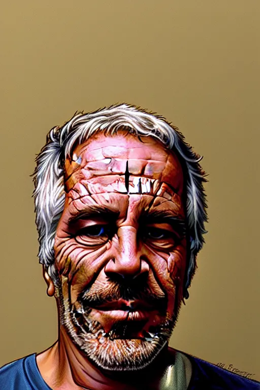 Image similar to smiling Jeffrey Epstein, in jail behind bars, golden hour, artstation, by J. C. Leyendecker and Peter Paul Rubens,