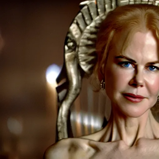 Prompt: cinematic scene with a 2 0 year old nicole kidman on a majestic throne as the goddess of war, dramatic, small details, volumetric lighting, still frame