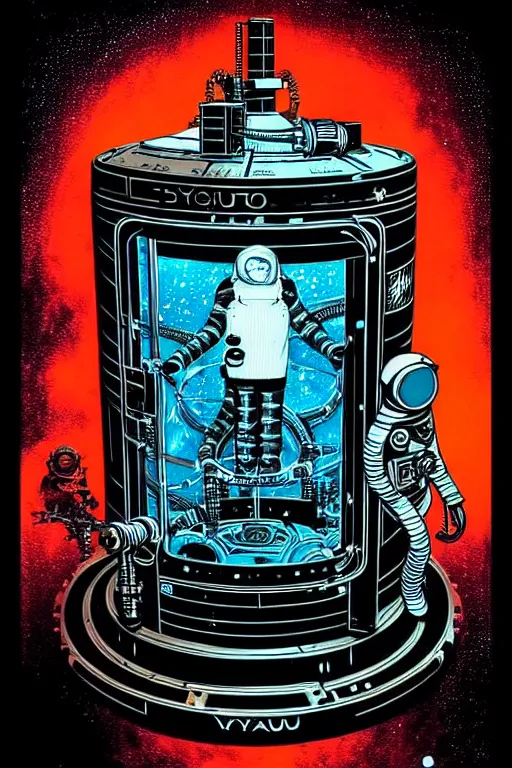 Prompt: steampunk cryo chamber containing an cosmonaut, high details, intricately detailed, by vincent di fate, inking, 3 color screen print, masterpiece, trending on artstation,, sharp, details, hyper - detailed, hd, 4 k, 8 k