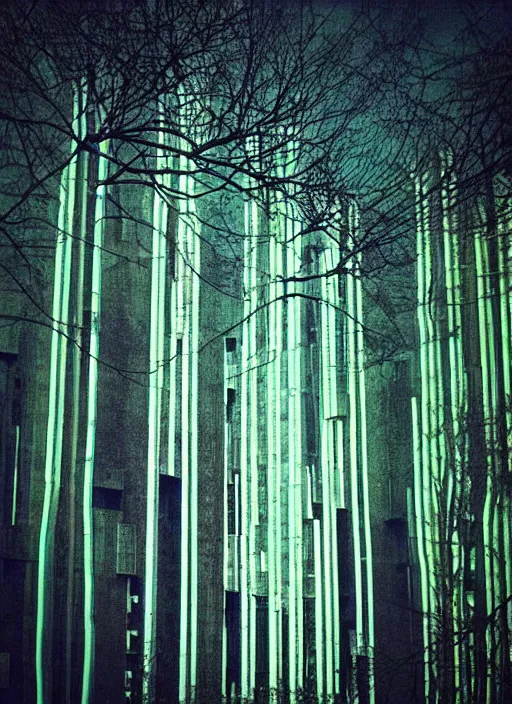 Image similar to “ brutalist architecture surrounded by a neon forest ”