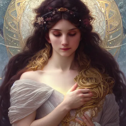 Image similar to portrait of winter goddess, intricate, elegant, highly detailed, digital painting, artstation, concept art, smooth, sharp focus, illustration, art by artgerm and greg rutkowski and alphonse mucha and william - adolphe bouguereau