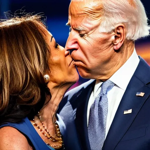 Prompt: Joe Biden going in for a kiss with Kamala Harris, Joe Biden kissing Kamala, 8k , professional photography