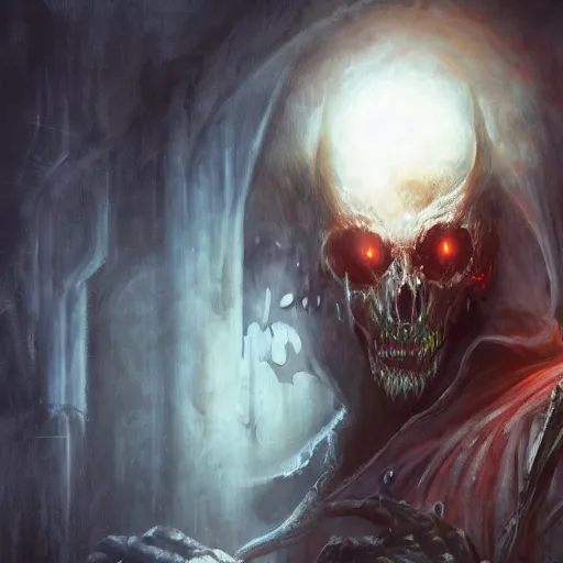 Prompt: lich vecna (d&d) with an eye-patch, fantasy, horror, painted by raymond swanland