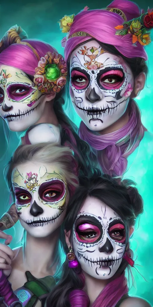 Image similar to uhd portrait photography mirror of jinx and teemo from league of legends with her face painted as in the dia de los muertos, coherent portraits, mmorpg fantasy, intricate, elegant, highly detailed, digital painting, trending on artstation, hdr photo, smooth, sharp focus, illustration, art by artgerm and greg rutkowski and alphonse mucha